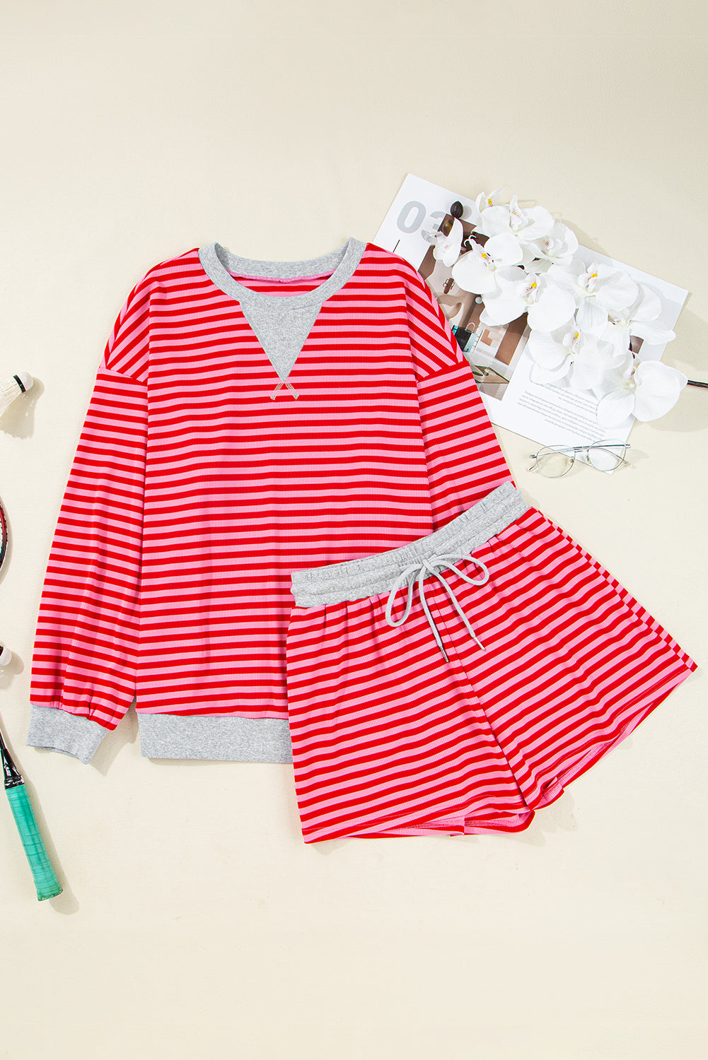 Red Stripe Drop Shoulder Baggy Pullover and Shorts Casual Set
