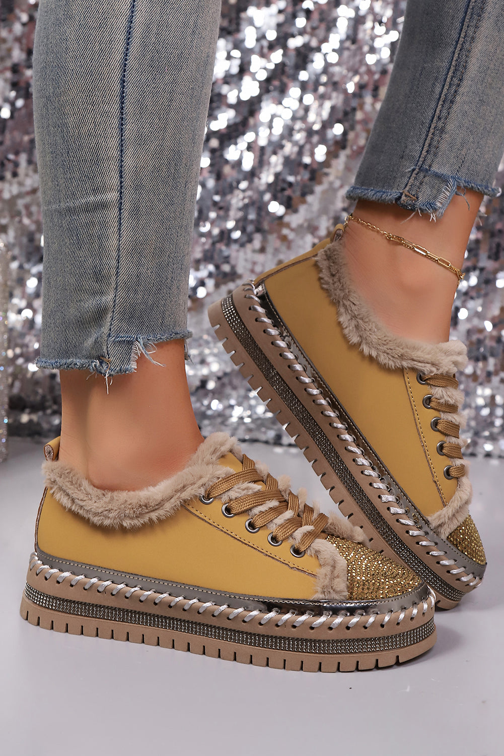 Thai Curry Rhinestone Embellished Faux Fur Lining Lace-Up Flat Shoes