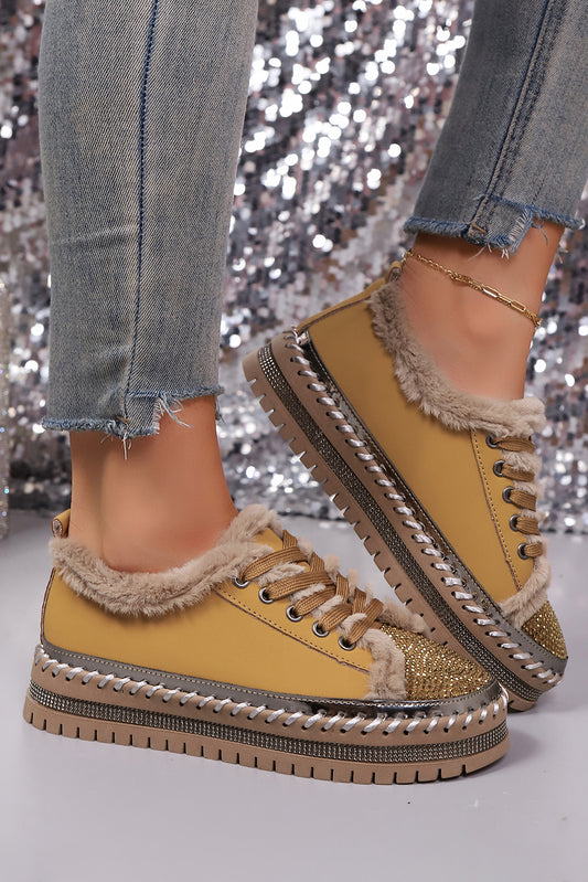 Thai Curry Rhinestone Embellished Faux Fur Lining Lace-Up Flat Shoes