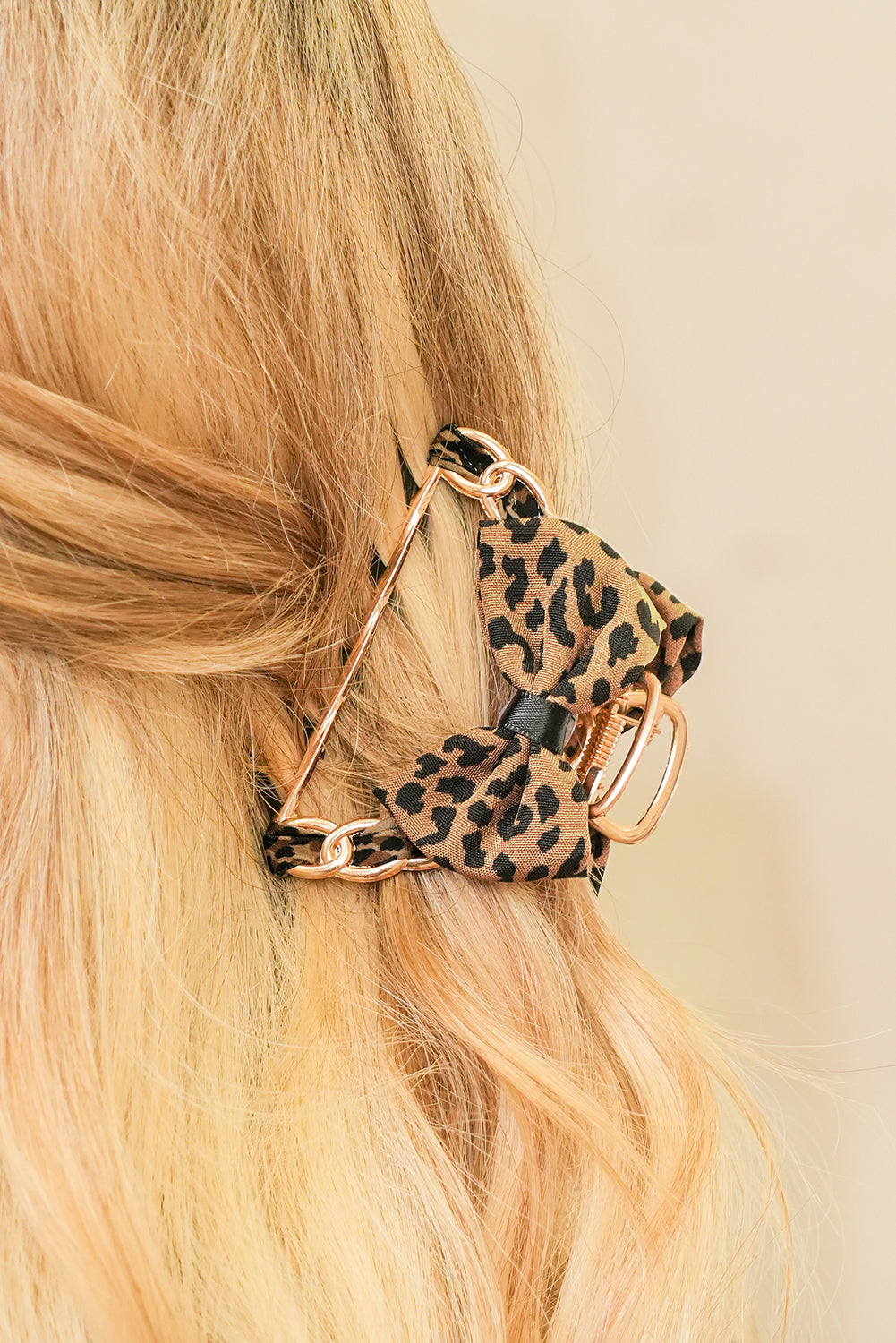 Camel Leopard Print Bow Decor Alloy Hair Claw Clip