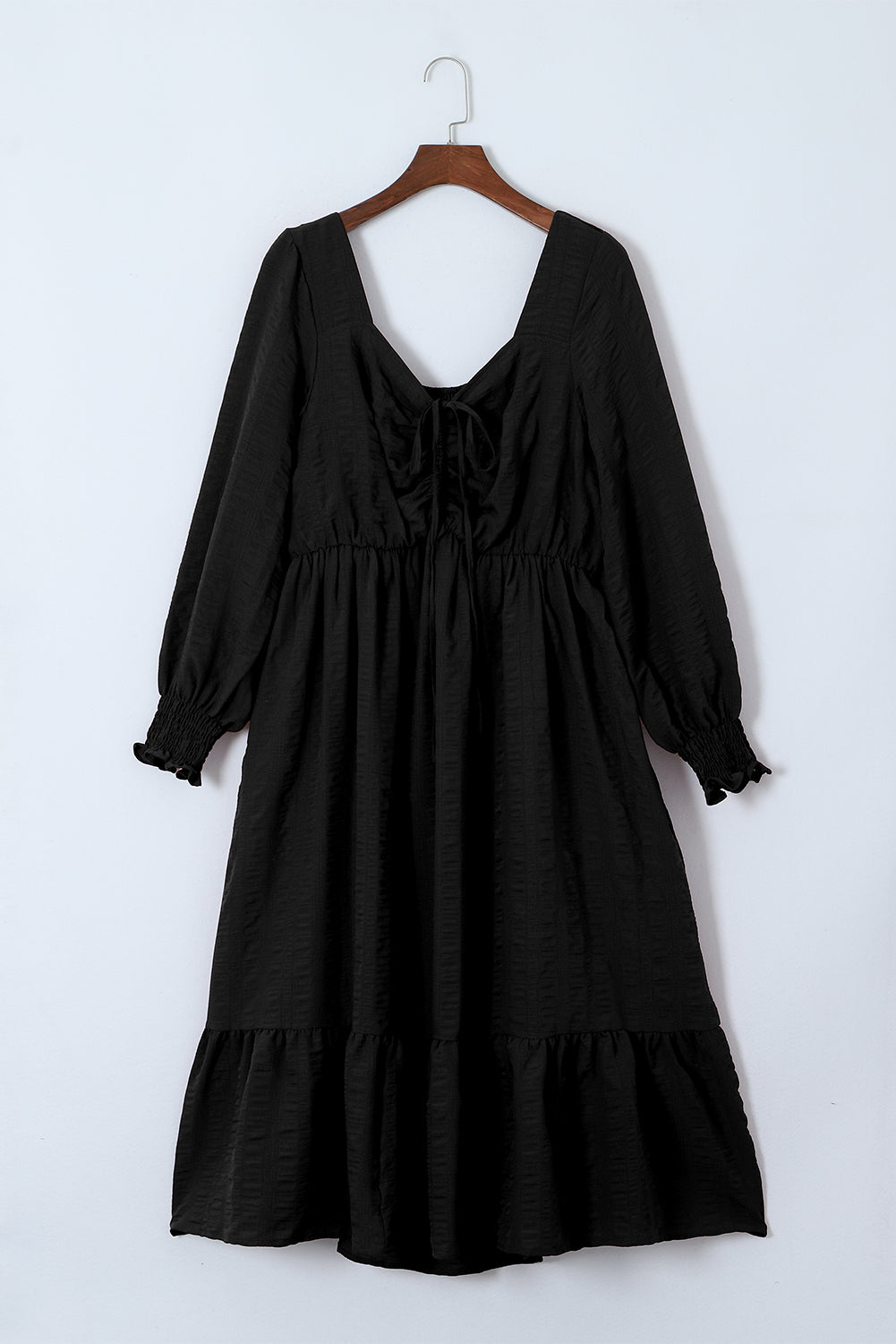 Black Lace-up Ruched Front Long Sleeve Ruffle Hem Plus Size Midi Dress