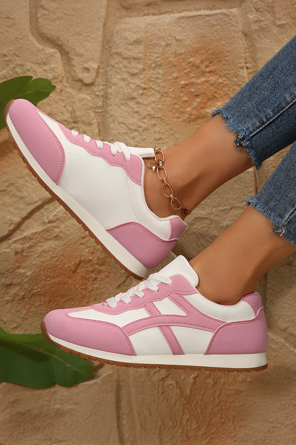 Pink Color Block Lace-up PU Leather Sneakers