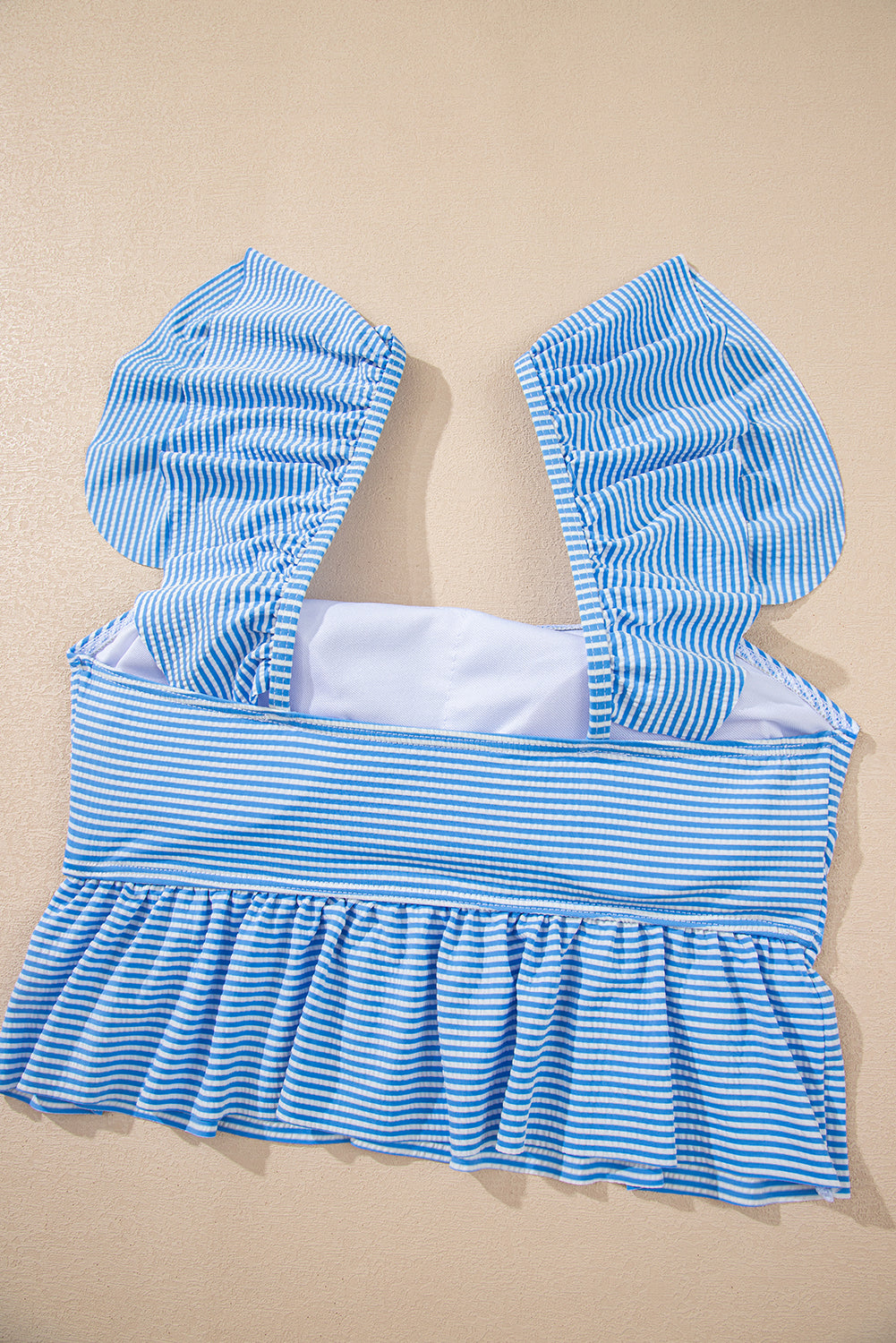 Sky Blue Striped Ruffled Shoulder Peplum Top 2 Piece Tankinis