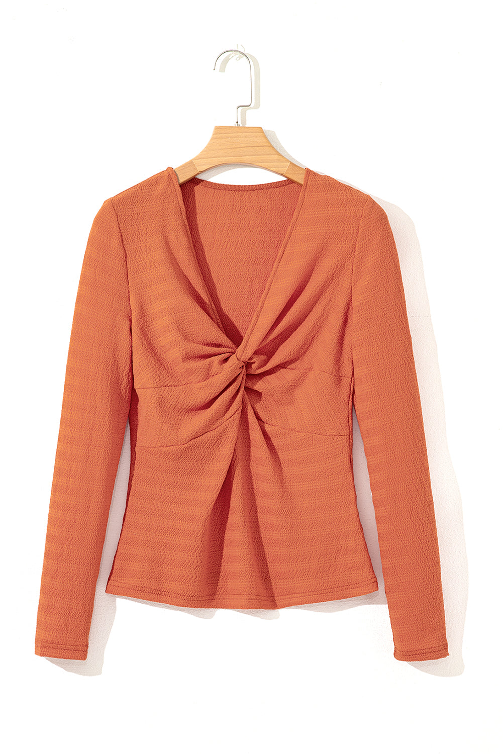 Orange Textured Twist Front V Neck Long Sleeve Slim Solid Color Top