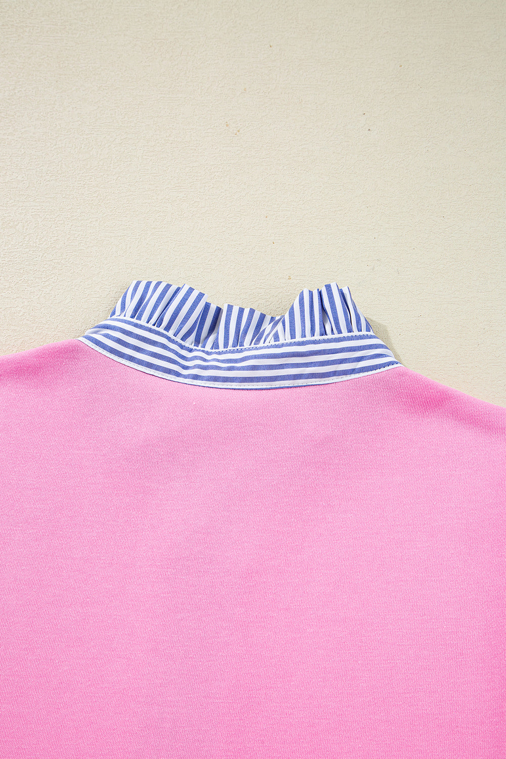 Pink Contrast Striped Collar Patchwork Puff Sleeve Ruffle Hem Mini Dress
