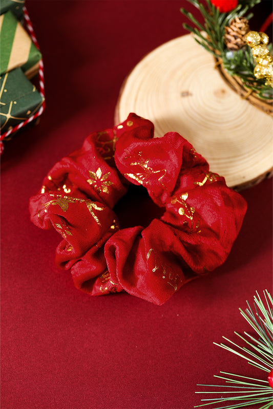 Fiery Red Shimmer Christmas Snowflake Reindeer Print Scrunchie Hair Tie