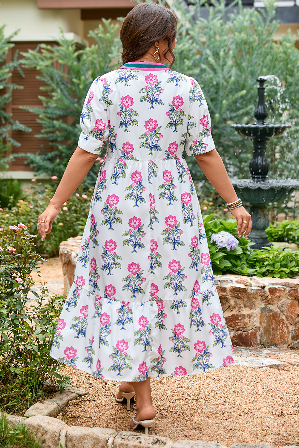 White Allover Print Contrast Split Neckline Short Puff Sleeve Curvy Dress