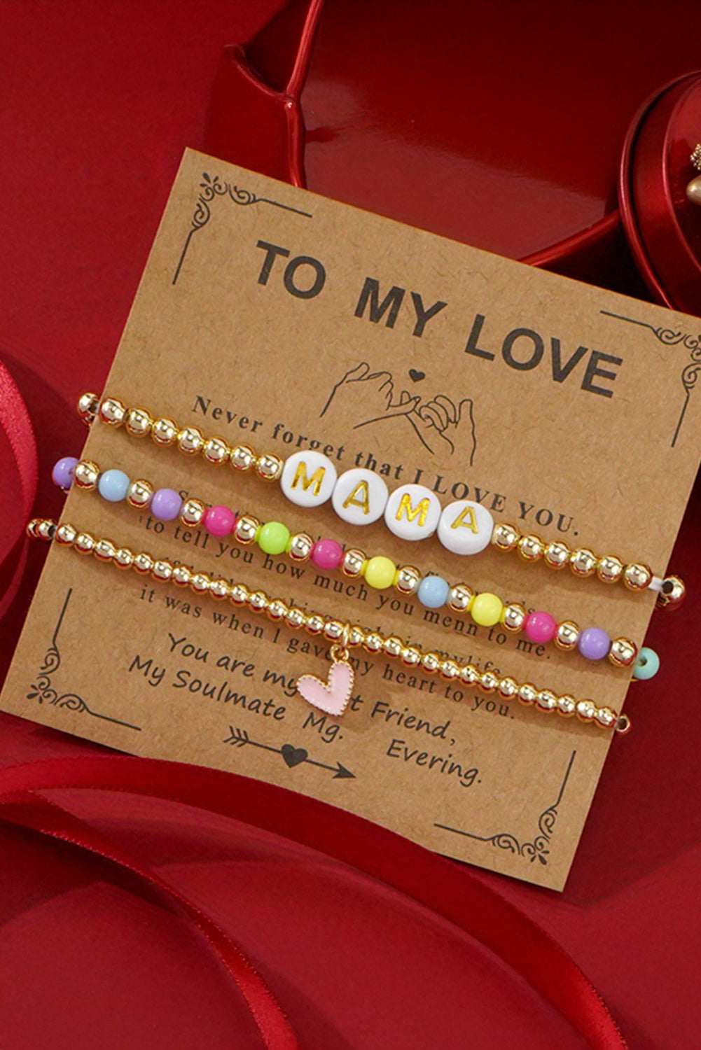 Gold MAMA Heart Beaded Multi Layer Stretch Bracelet