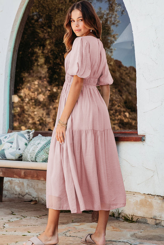Pink Puff Sleeve Pleated High Waist Flowy Midi Dress