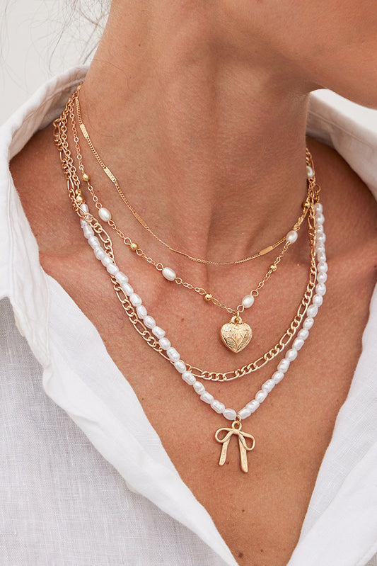 Gold Bow Heart Pendant Pearl Chaining Plated Necklace