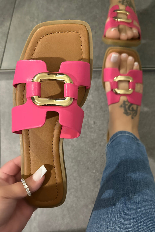 Rose Red Metal Decor Cut Out Square Toe Slippers