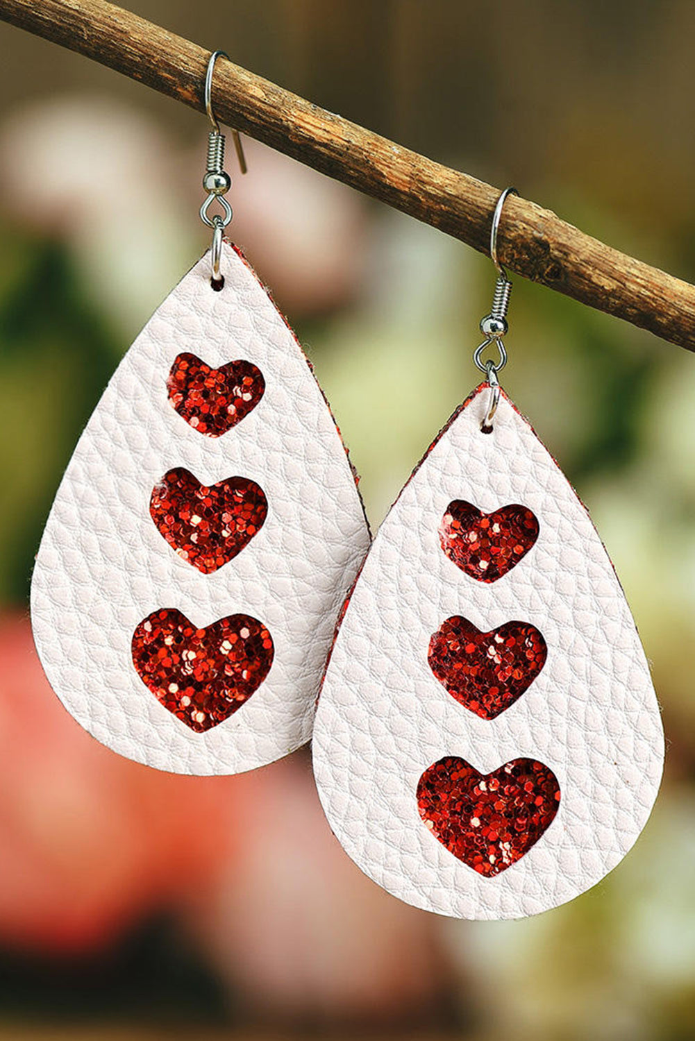 White Valentines Heart Print Pu Leather Teardrop Dangle Earrings