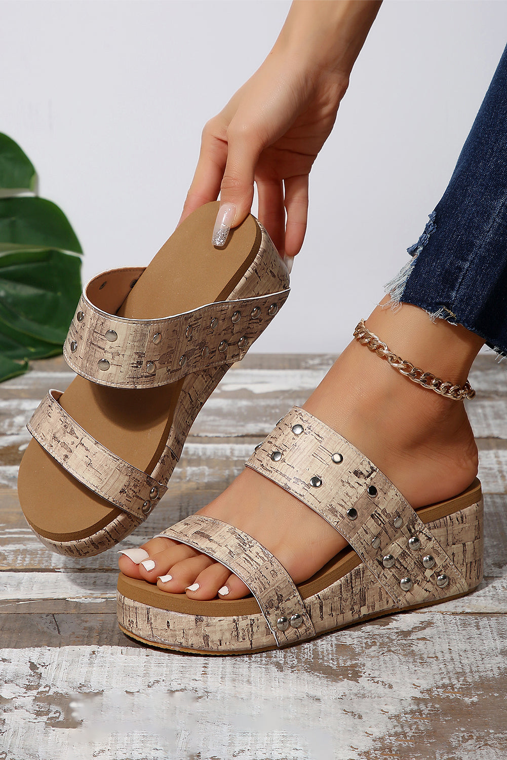 Camel Rivet Double Straps Wedge Slippers