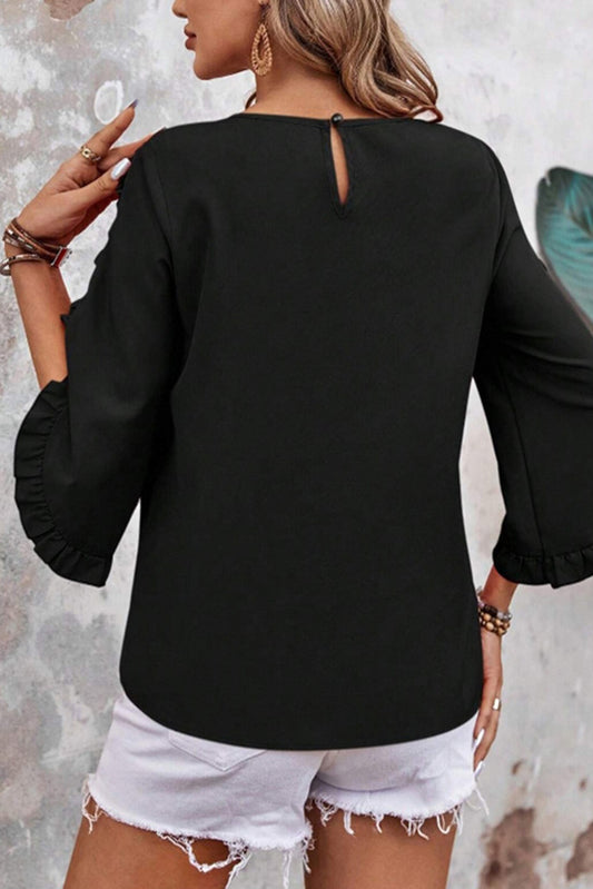 Black Ruffle Trimmed 3/4 Sleeve Round Neck Blouse