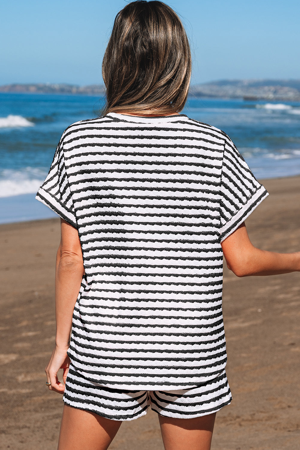 Black Stripe Knitted Short Sleeve Top and Drawstring Shorts Set