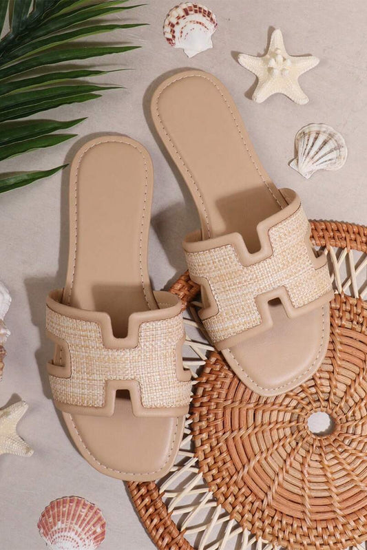 White Faux Raffia Detail Hollowed Open Toe Slippers