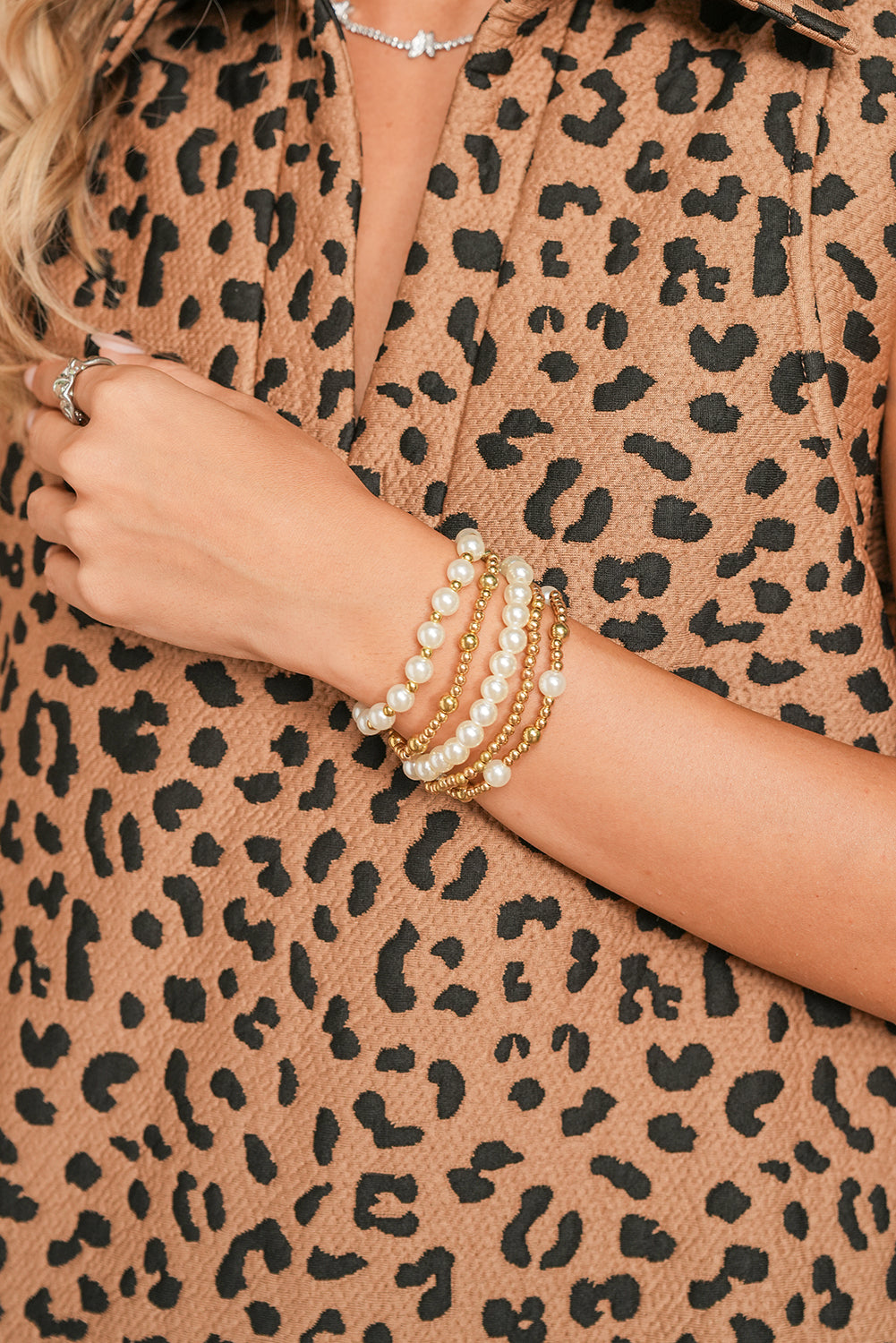 Gold Cross Pearls Decor Plated Beaded Multi Layer Bracelets