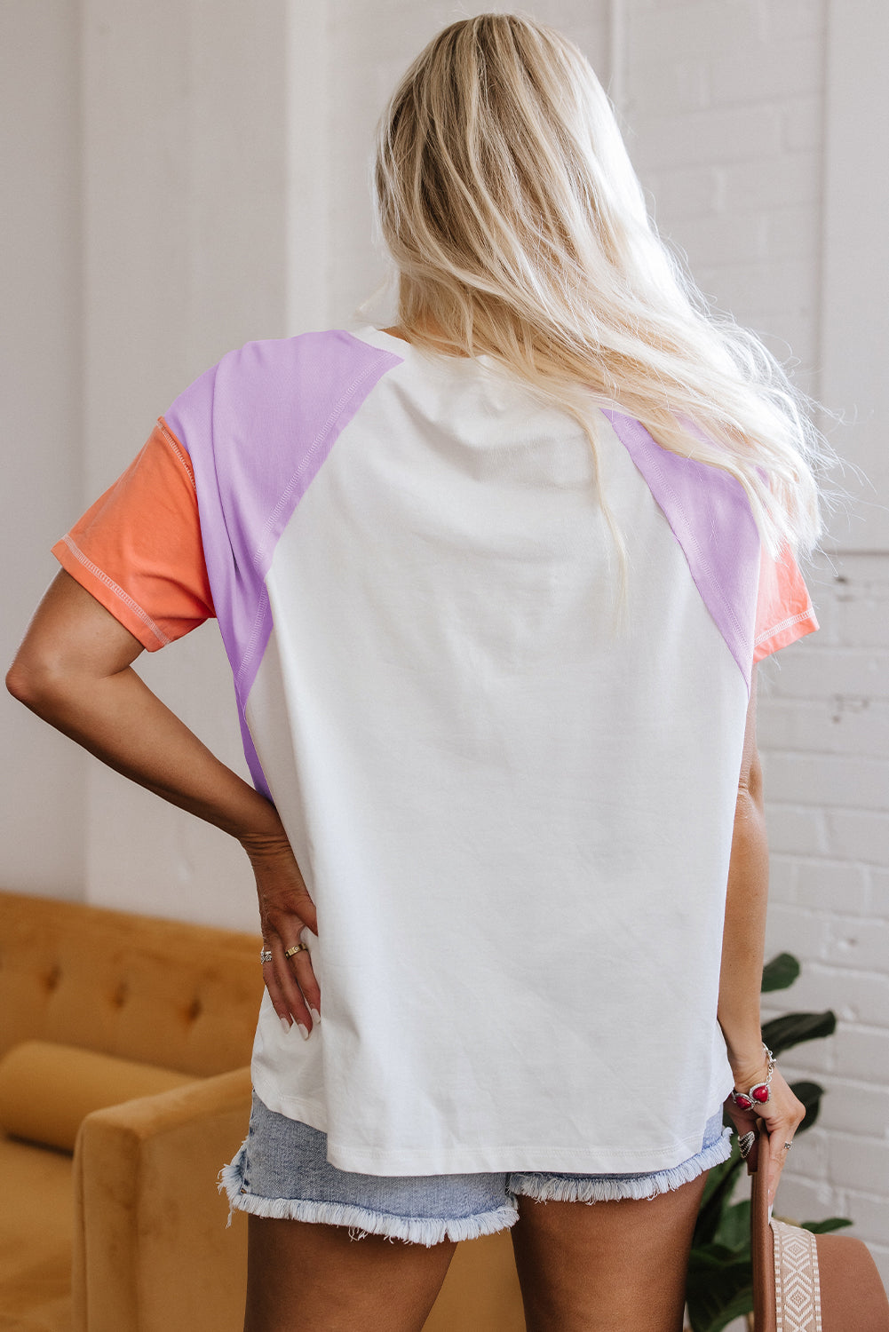 Beige Colorblock Patchwork V Neck Exposed Seam High Low T Shirt