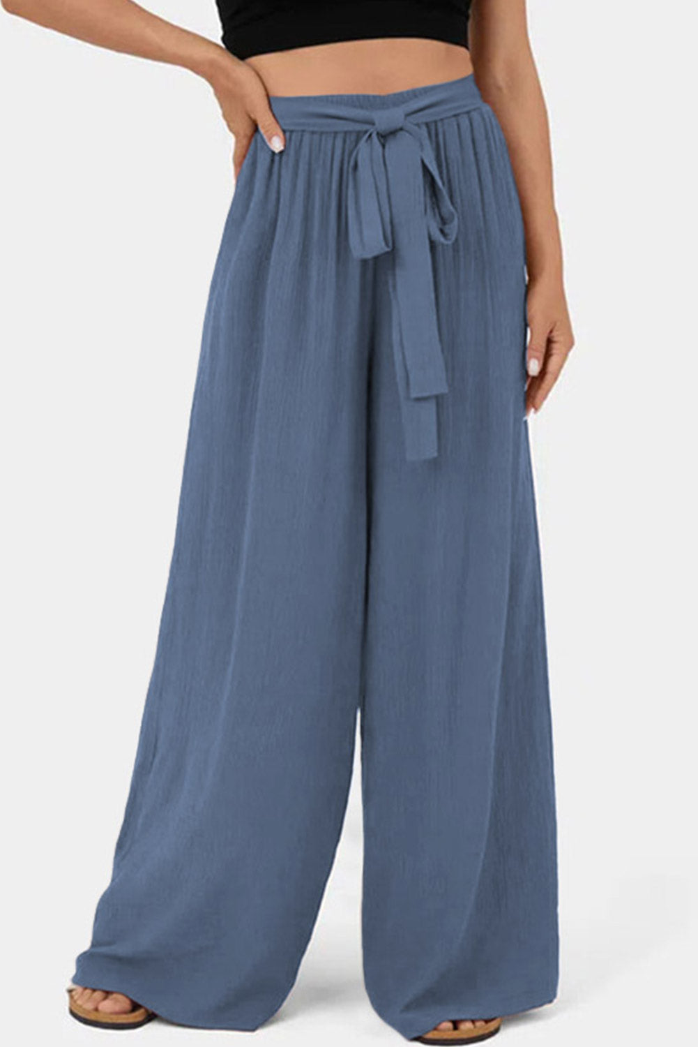 Sail Blue High Waisted Tie Front Side Pocket Wide Leg Flowy Casual Pants