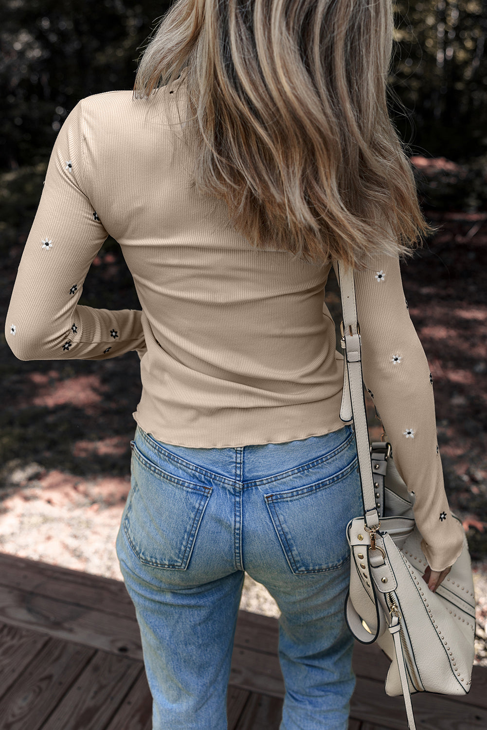 Jet Stream Floral Embroidered Detail Ribbed Long Sleeve Top