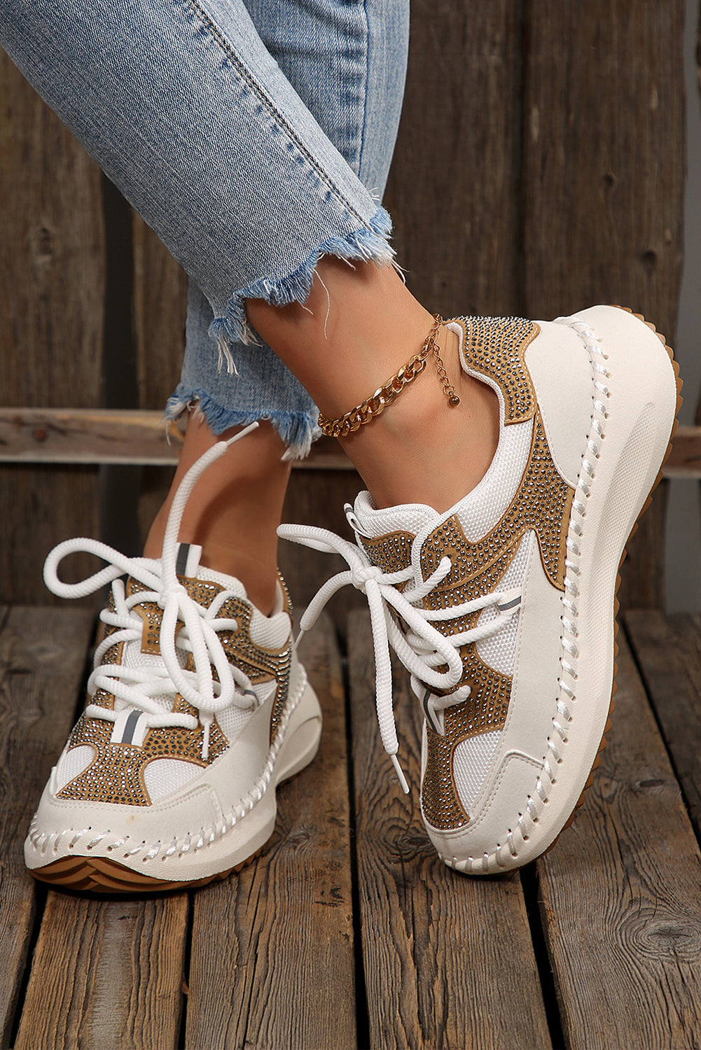 White Rhinestone Embellished Color Block Patchwork Lace-up Breathable Sneakers