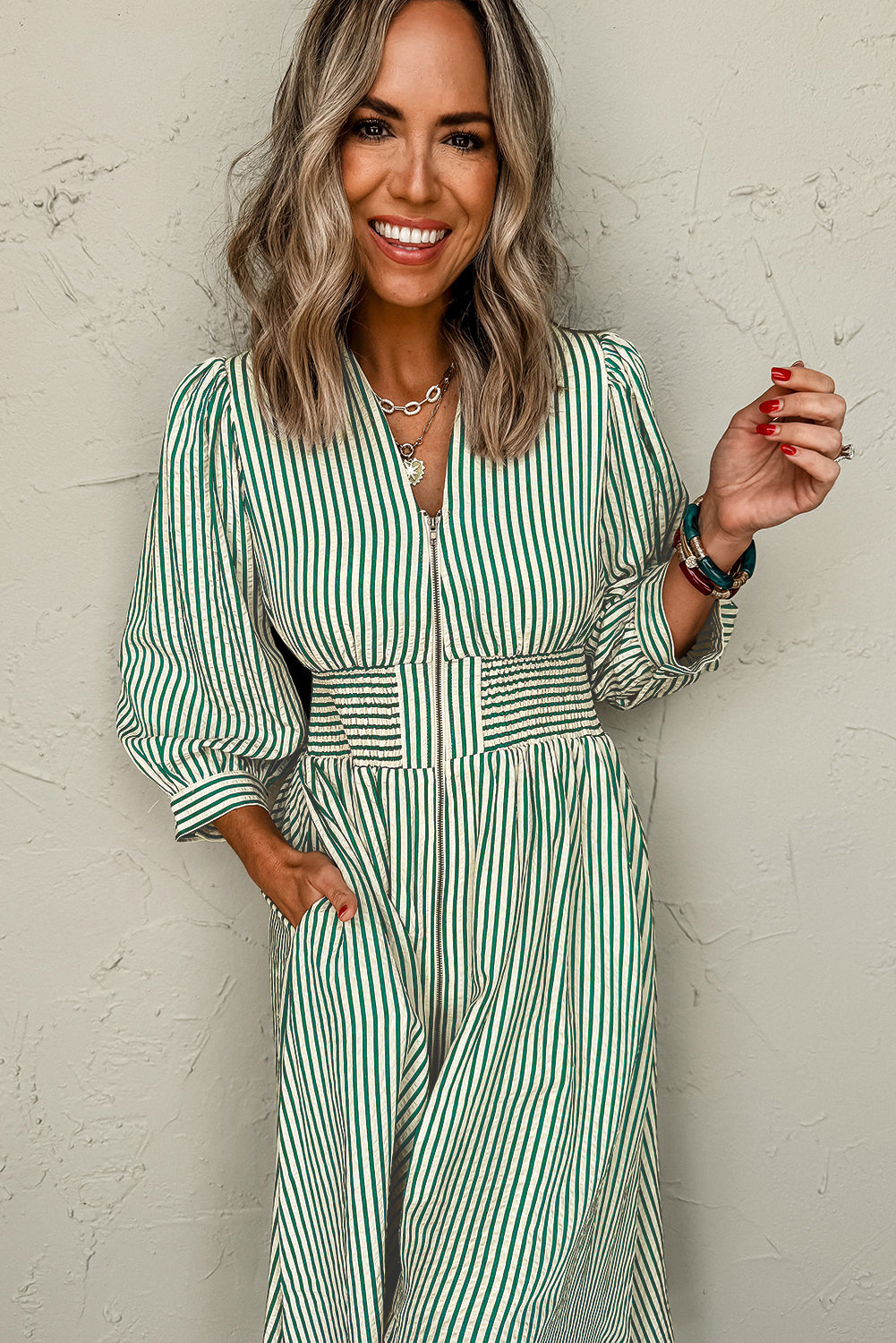 Green Stripe V Neck Zip Front Cinched High Waist Midi Dress