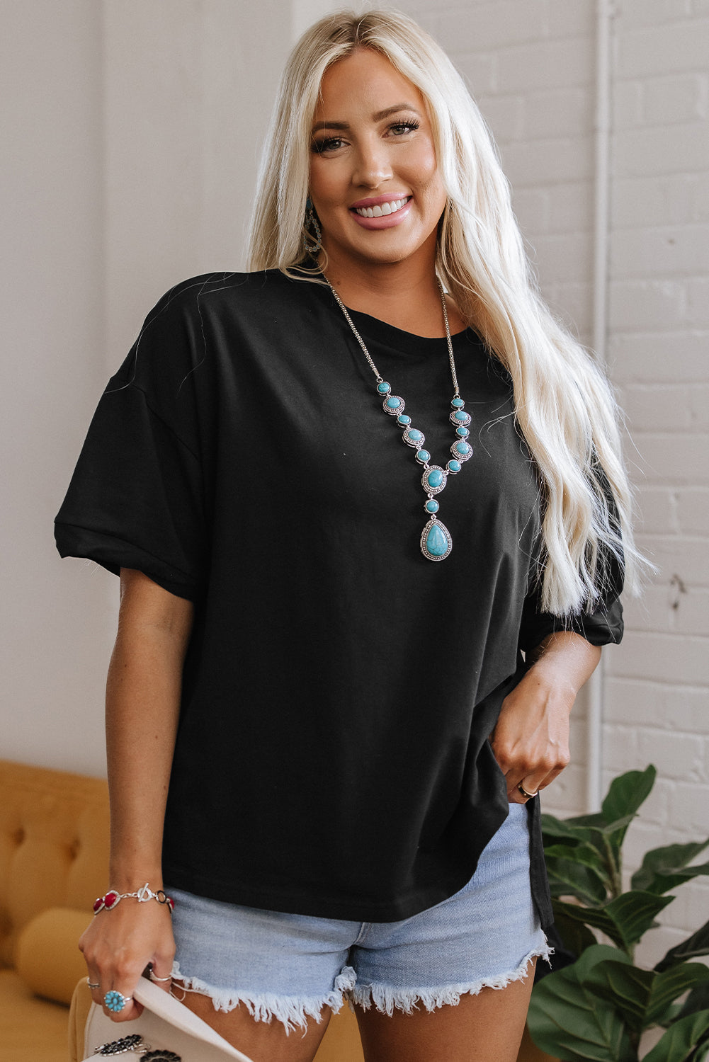 Black Loose Half Sleeve Hi Low Hem T Shirt