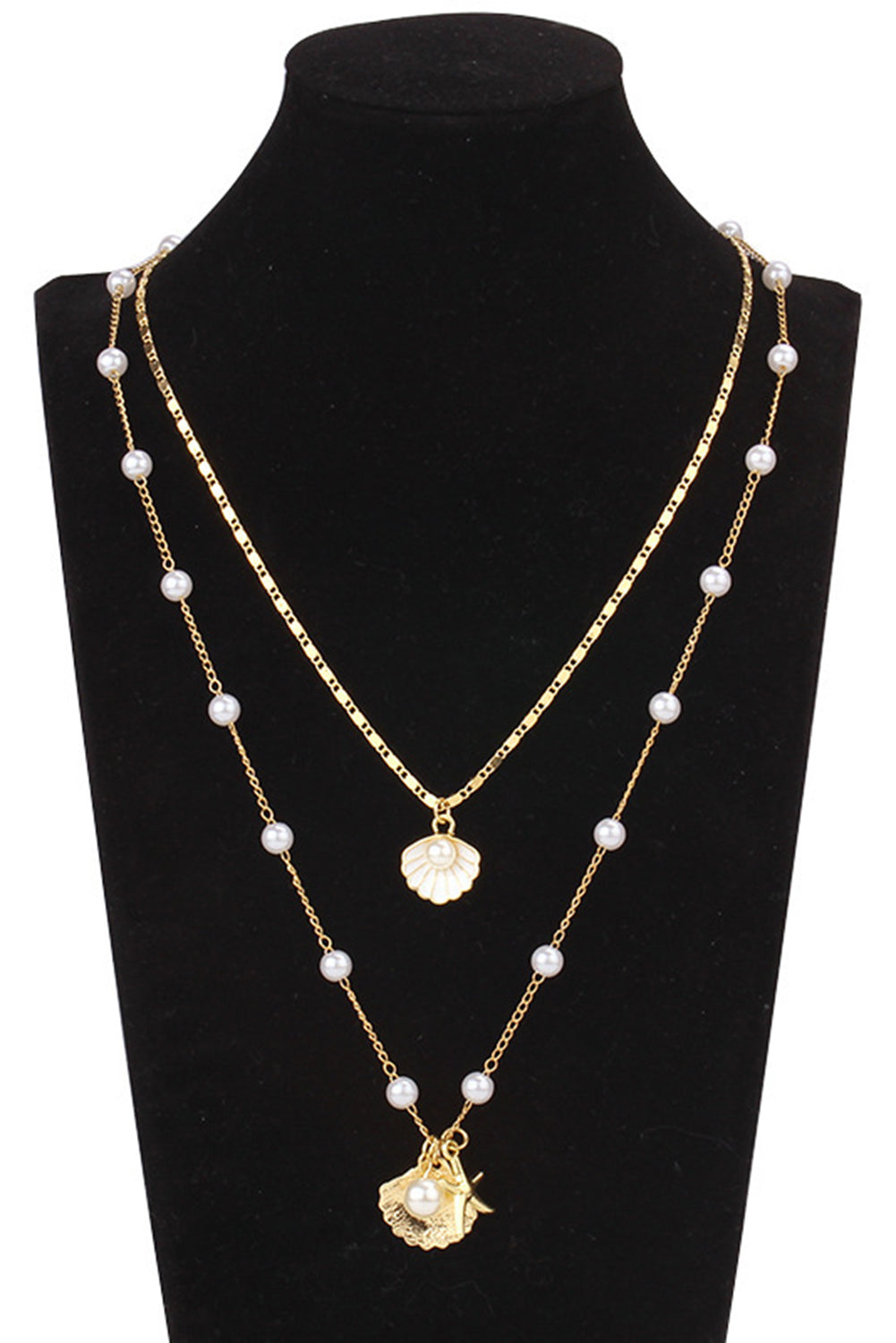 Gold Starfish Shell Pearl Dual Chain Necklace