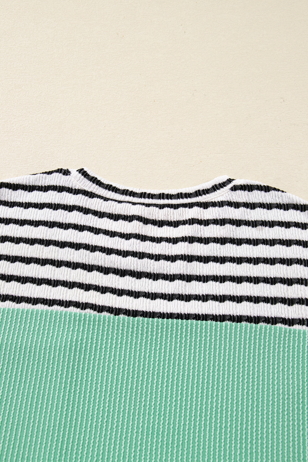 Sea Green Twisted Ribbed Contrast Round Neck Striped Patchwork Long Sleeve Top