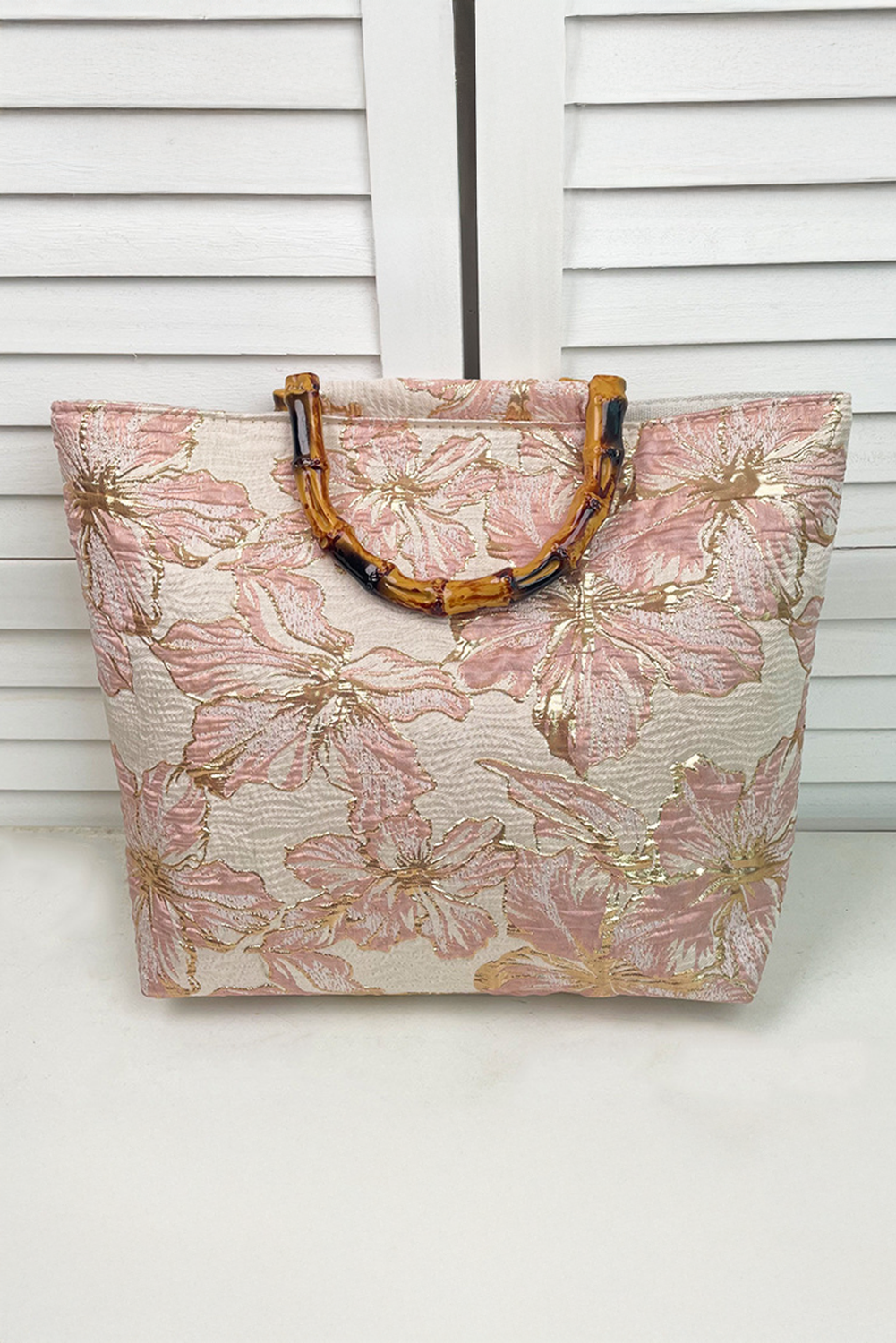 Light Pink Flower Canvas Tote Bag with Bamboo Handle