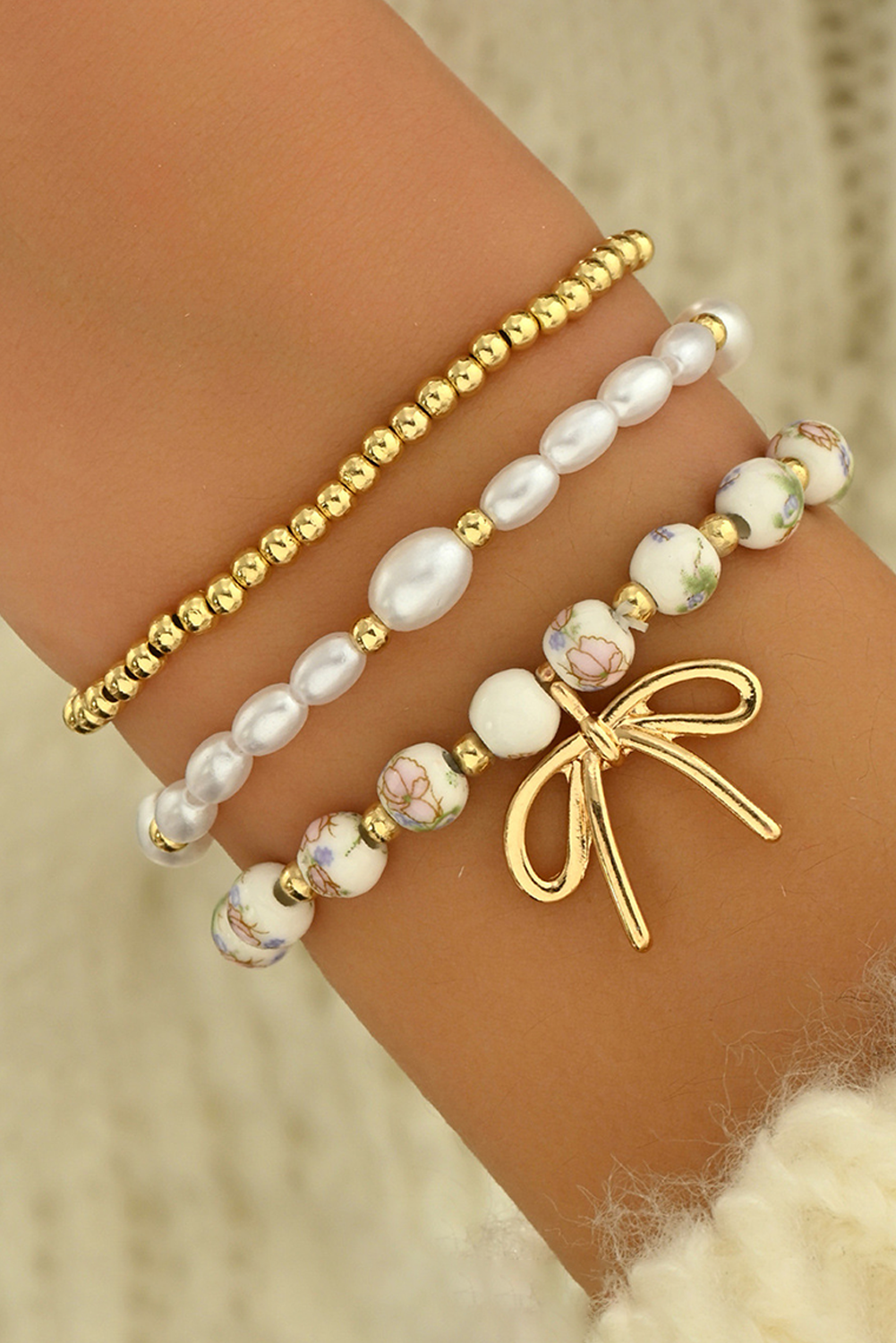 Gold Bow Knot Charm Beaded Triple Layer Bracelet Set