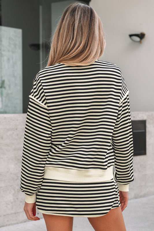 Black Stripe Textured Drop Shoulder Pullover Top Drawstring Mini Skort Two Piece Dress Set