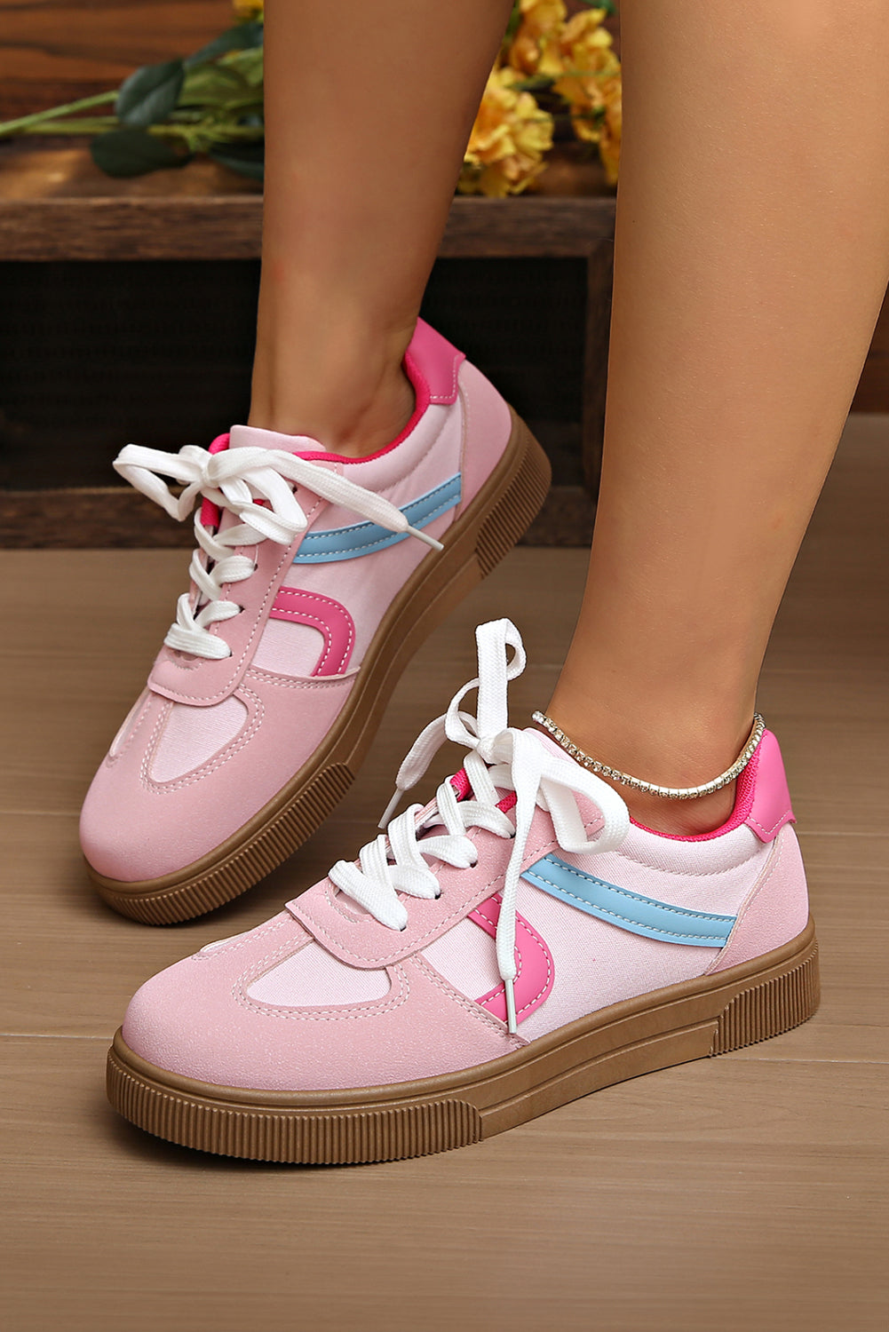 Rose Red Color Block PU Leather Patchwork Lace Up Flat Shoes