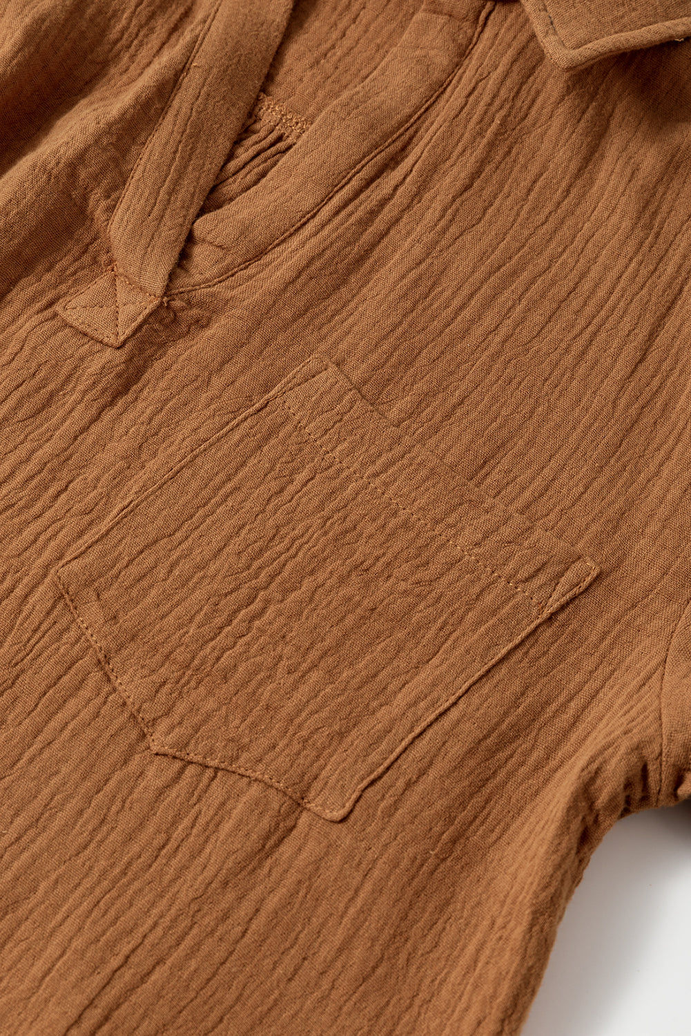 Chestnut Crinkle Textured Polo Shirt and High Waist Shorts Set