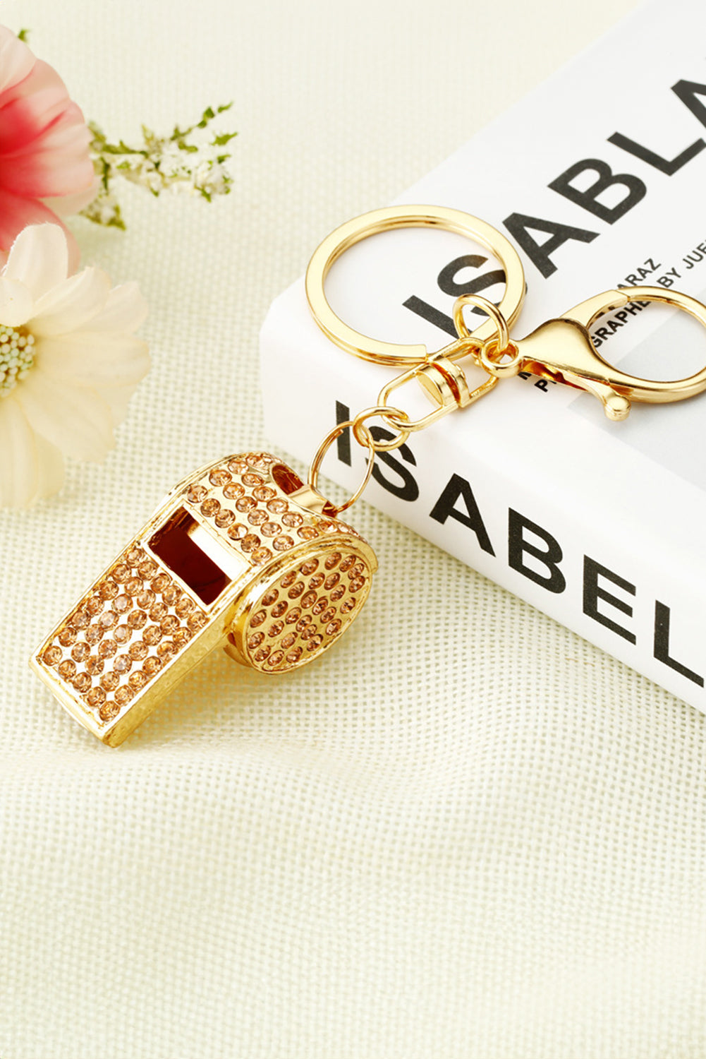 Gold Rhinestone Whistle Pendant Plated Alloy Key Chain