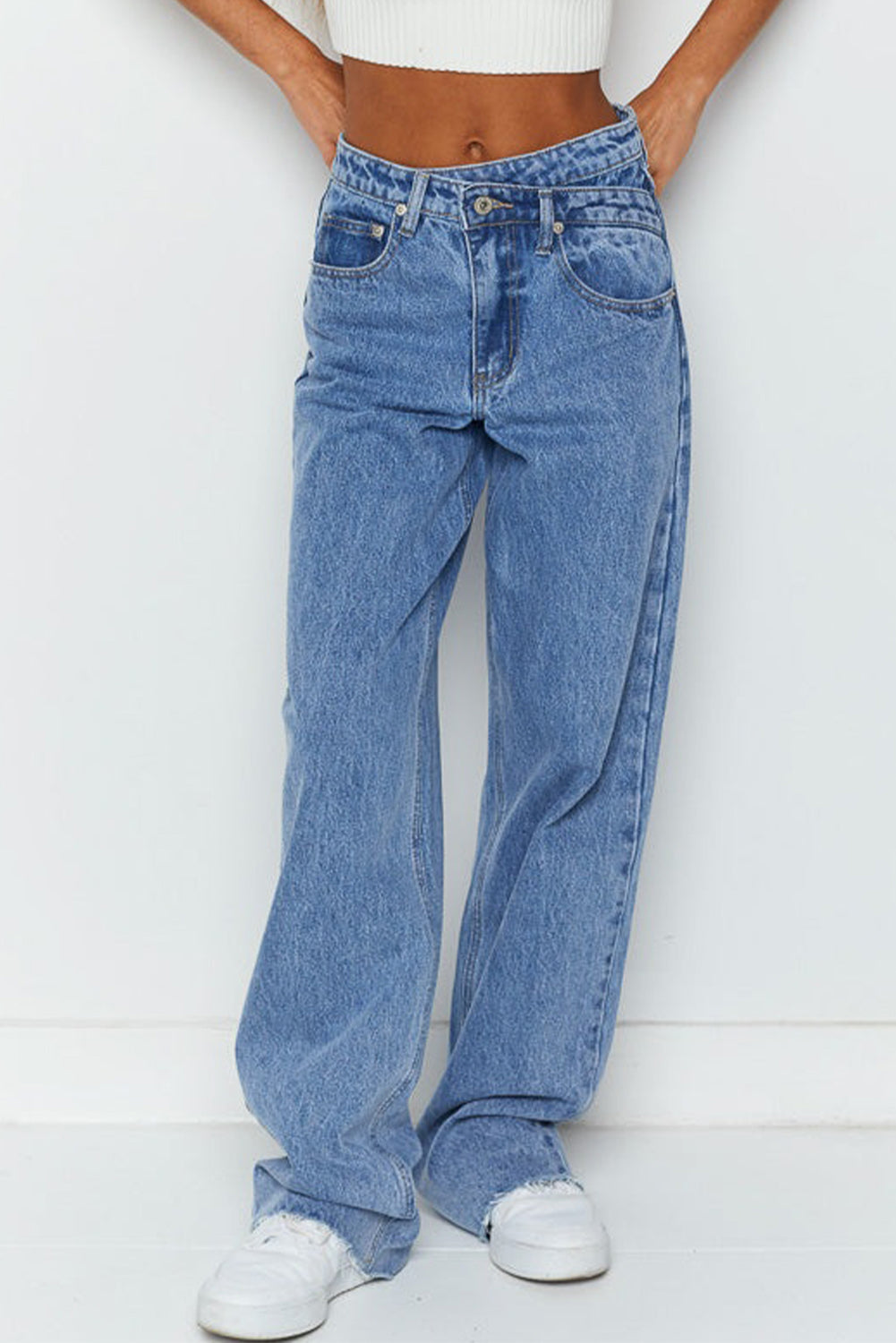 Blue Mid Rise Asymmetrical Waist Wide Leg Jeans