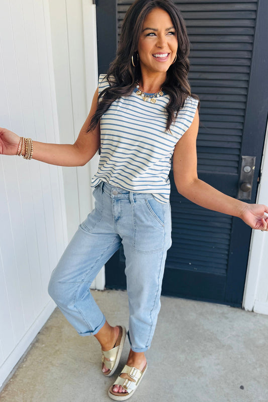 Beau Blue High Rise Barrel Relaxed Patch Pocket Jeans