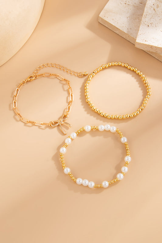 Gold Alloy Plated Bow Chain Pearl Beading Bracelet