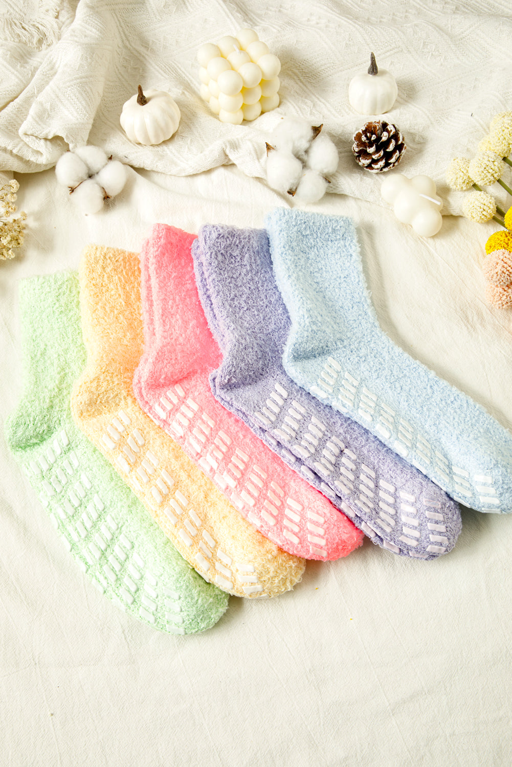Pink 5 Pairs Anti Slip Plush Socks Different Color Each