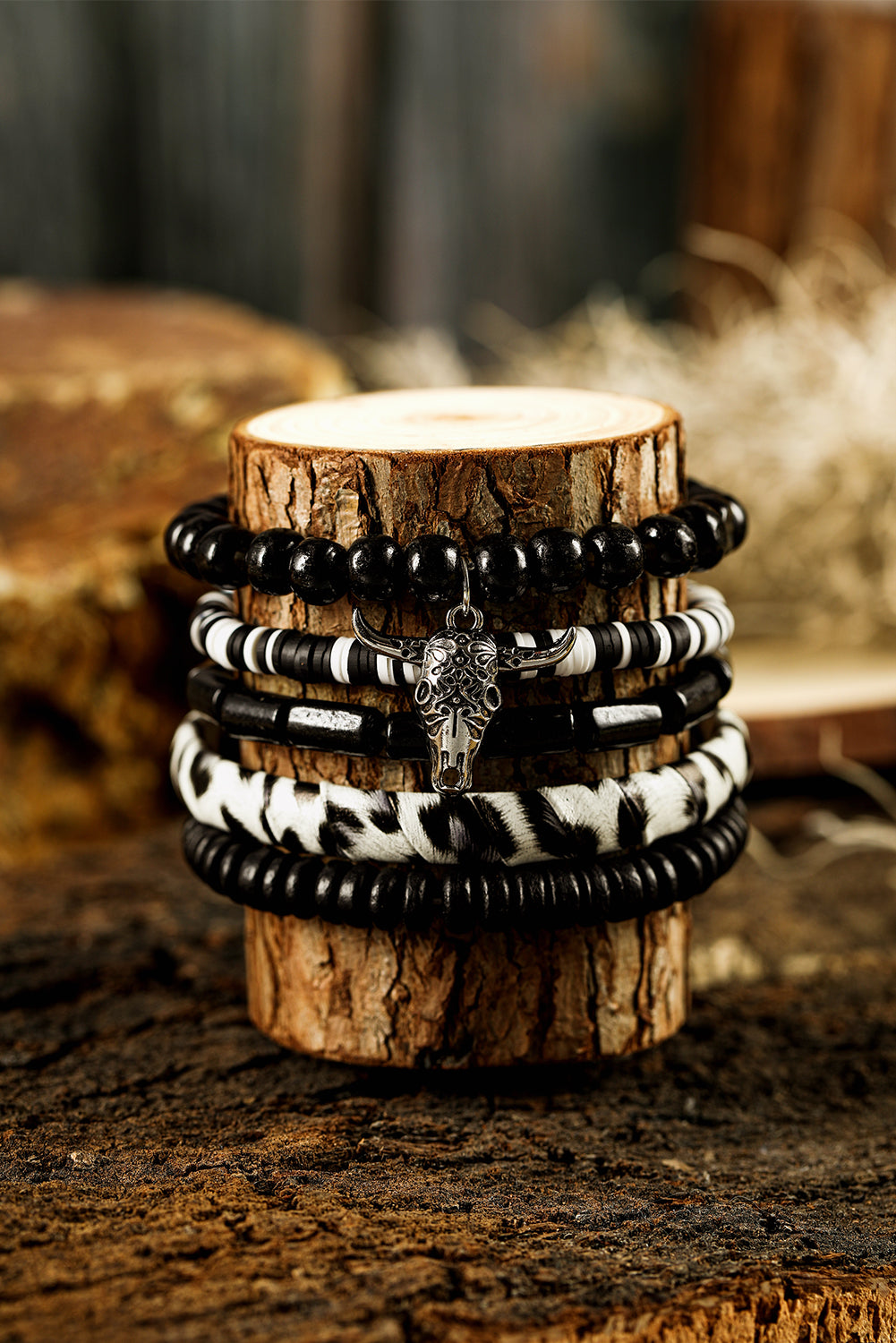 Color black Timber Beads Western Skull Head Charm 5pcs Bracelet Set