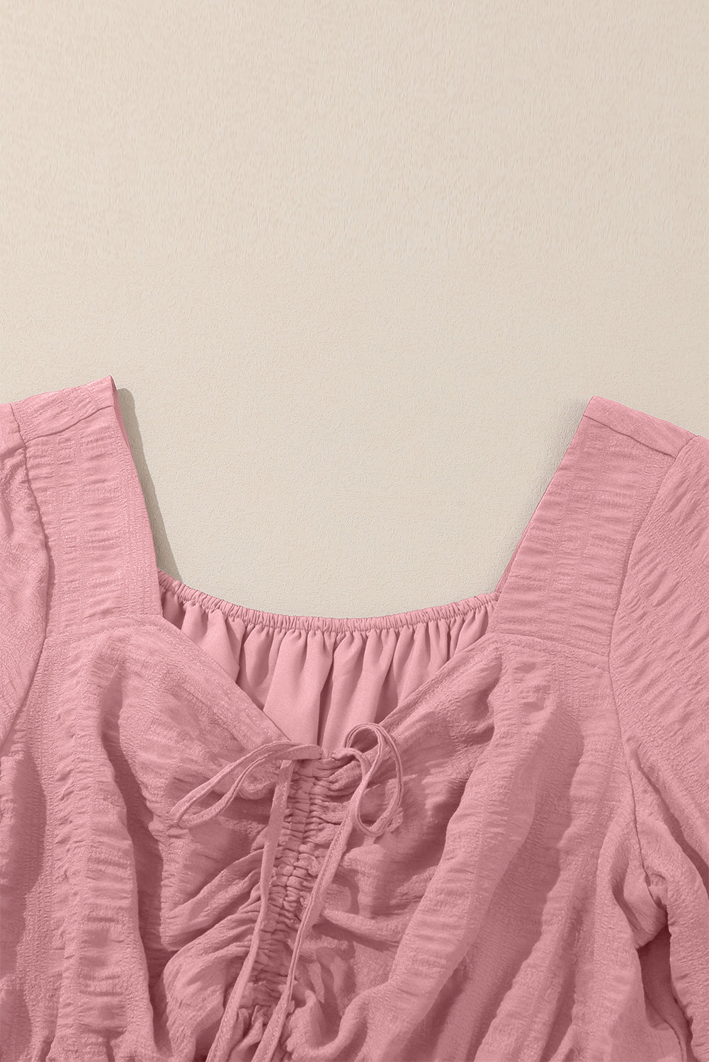 Pink Lace-up Ruched Front Long Sleeve Ruffle Hem Plus Size Midi Dress