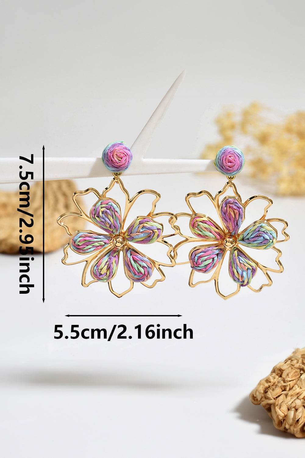 Gold Rainbow Swirl Crochet Flower Shape Drop Earrings