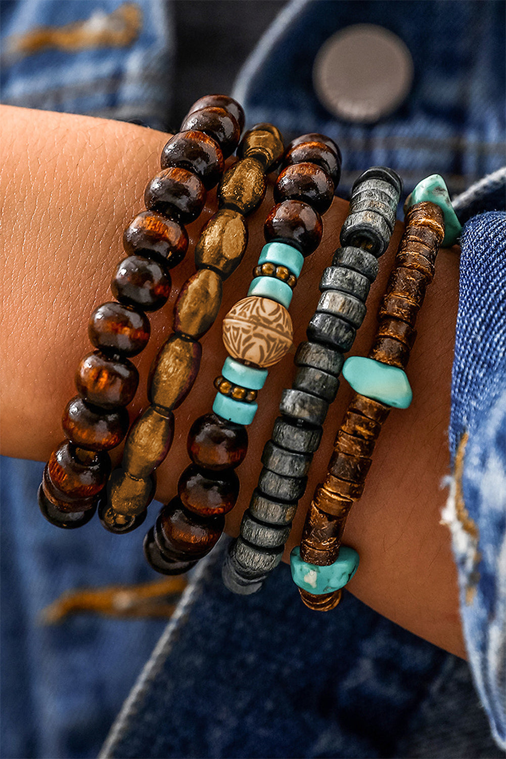 Chestnut Boho Turquoise Wooden Beaded Multi Layer Bracelet