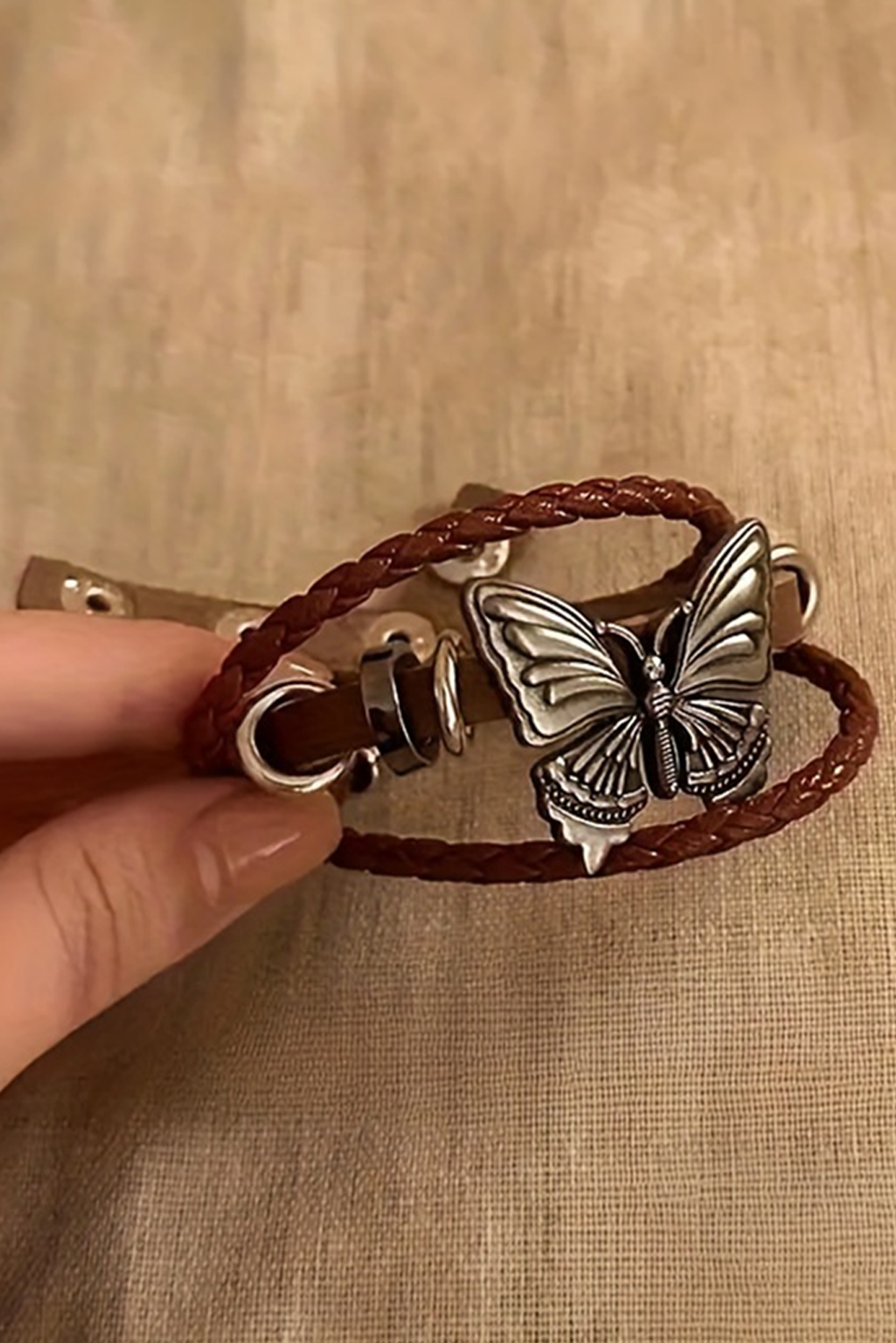 Mineral Red Retro Butterfly Decor Exotic Faux Leather Braided Snap Button Bracelet