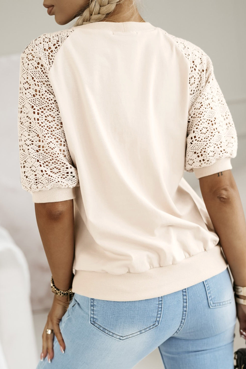 Jet Stream Lace Crochet Short Sleeve Round Neck T Shirt
