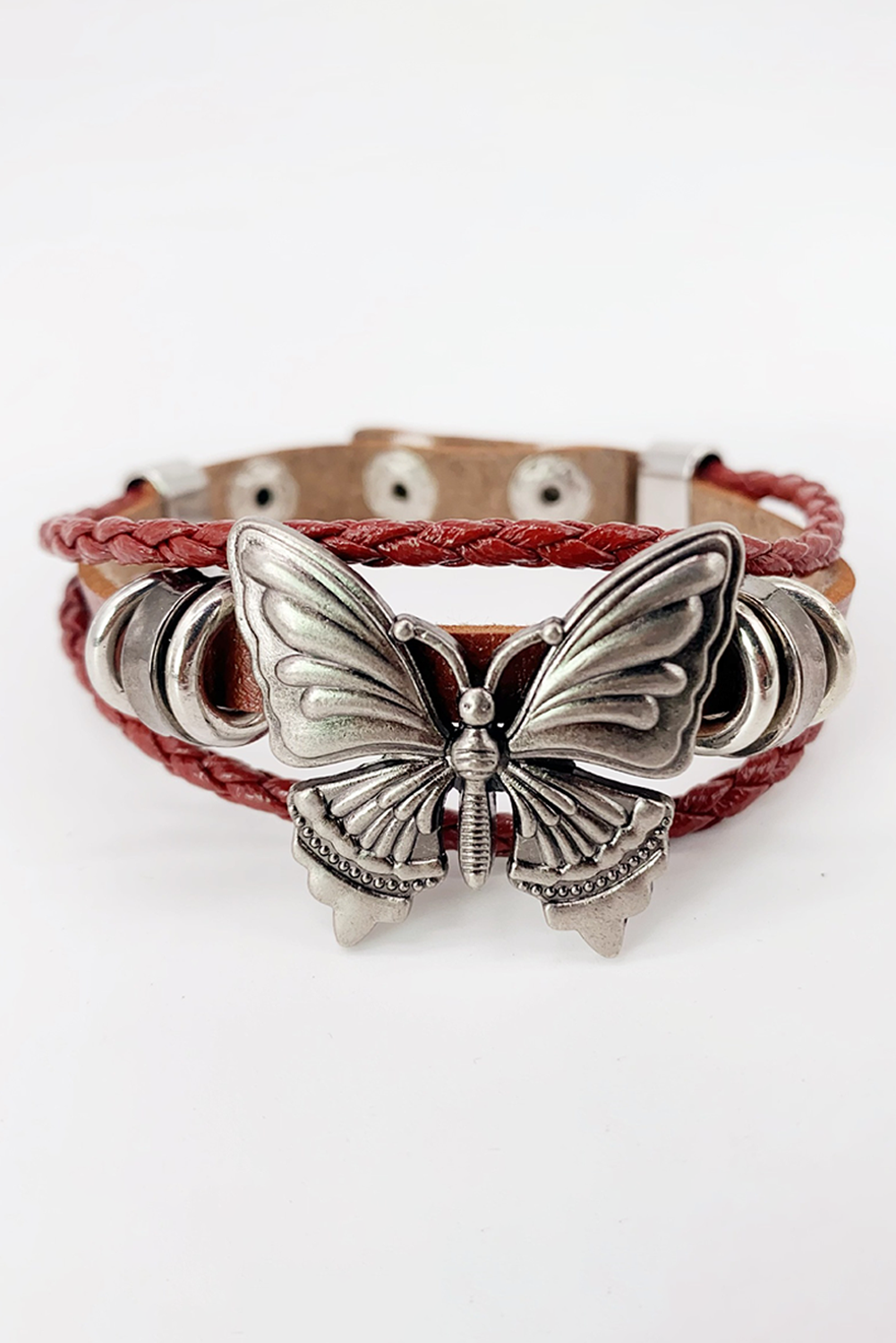 Mineral Red Retro Butterfly Decor Exotic Faux Leather Braided Snap Button Bracelet
