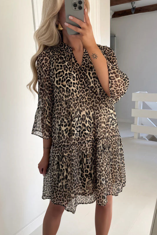 Khaki Leopard 3/4 Sleeve V Neck Swing Dress