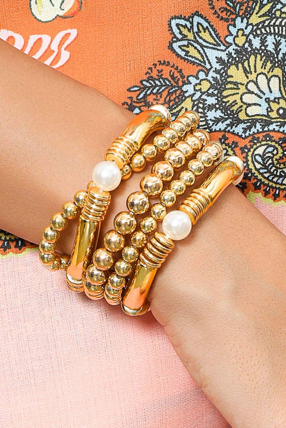 Gold 5pcs Pearl Plated Beaded Bracelet Set