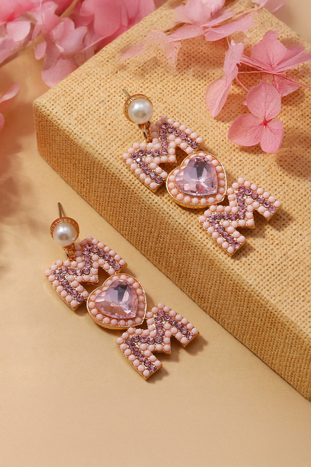 Light Pink Rhinestone Beaded Heart MOM Earrings