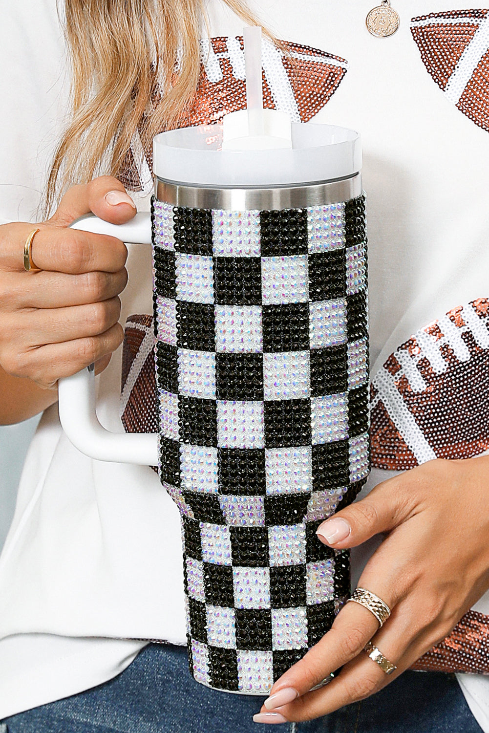 Black Full Rhinestone Checkerboard Handled Tumbler 40oz